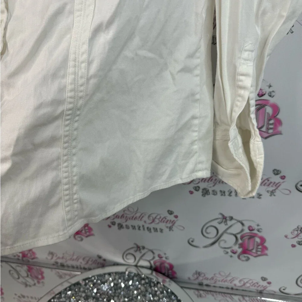 Cleo long sleeve shirt button up  cream White Shirt collared shiny buttons - Picture 9 of 13